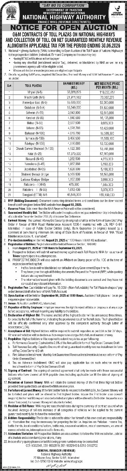 Natonal Highway Authority Islamabad Tender Notice